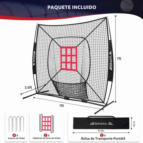 Vista 3 de BAGAIL 7x7 ft Baseball Softball Practice Net Negro / zona de huelga