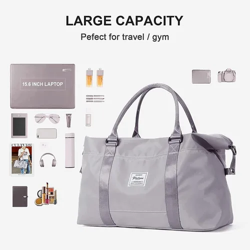 Vista 3 de Bolsa de viaje deportiva grande para gimnasio, bolsa de mano para mujer, bolsa de fin de semana, Gris, Moda