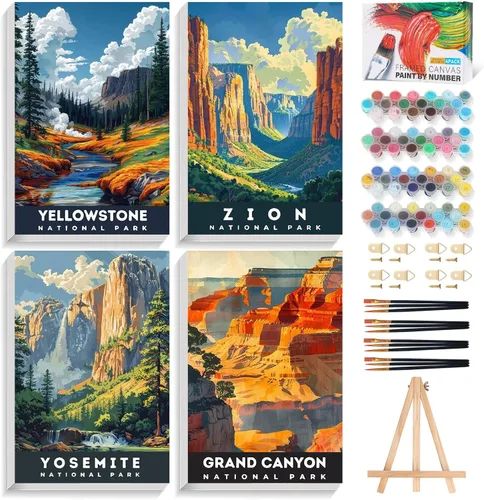 Vista 14 de Offito Paquete de 4 pinturas enmarcadas por números para adultos principiantes con caballete de madera, kit de pintura fácil de paisaje por números