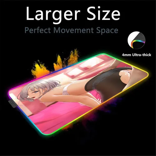 Vista 2 de Alfombrilla grande para mouse con luces LED RGB, animé para niña, sexy, pechos en el pecho, accesorios para videojuegos, videojuegos, escritorio