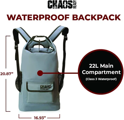 Vista 4 de Mochila impermeable Chaos Ready, bolsa seca, resistente, correas acolchadas para el hombro, bolsillos laterales de malla, fácil acceso al bolsillo