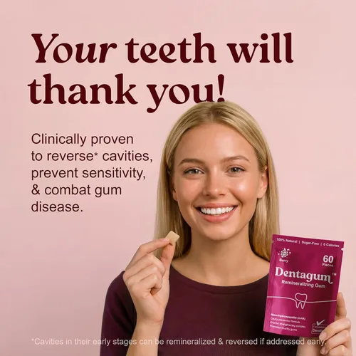 Vista 3 de Dentagum Goma de mascar remineralizante con nano-hidroxiapatita y xilitol - Goma de mascar de bayas sin azúcar para reparación de esmalte