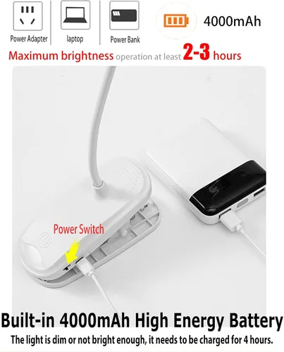 Vista 2 de Lámpara de escritorio LED de doble cabeza con abrazadera, luces de clip para oficina en casa, lámparas de mesa recargables de 4000 mAh, 3 modos