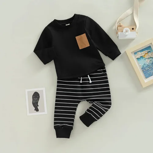 Vista 23 de Ropa de bebé niño 3 6 9 12 18 24M 3T Conjunto de pantalones con capucha patchwork sudadera con capucha pantalones de rayas traje de otoño invierno