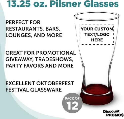 Vista 3 de Vasos Pilsner personalizados de 13.25 onzas, juego de 12, paquete personalizado a granel, fabricado en los Estados Unidos, perfecto para hoteles
