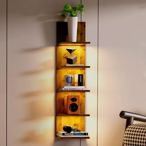 Vista 11 de Estantes de pared de 5 niveles con luz LED, estante de columna vertical, almacenamiento flotante, organizador de decoración del hogar, estante
