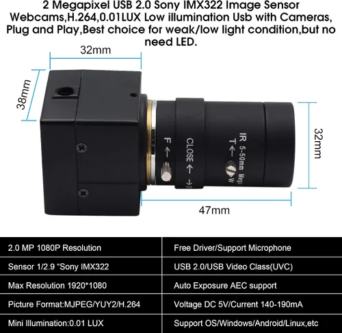Vista 6 de ELP - Cámara USB de lente varifocal de 5-50mm 1080P con alta definición H.264 Sony IMX323, cámara web para Android, Linux, Windows, video industrial