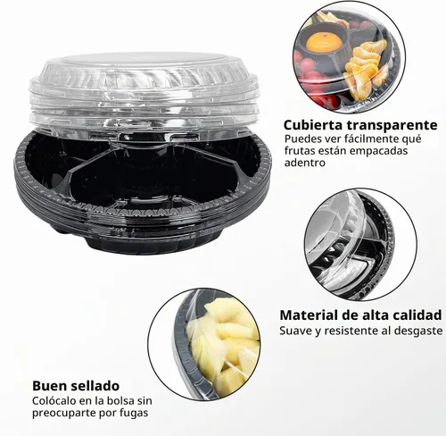 Vista 5 de 12 bandejas de frutas desechables redondas de plástico para con tapa, 5 compartimentos, platos de fiesta, recipientes divididos para aperitivos