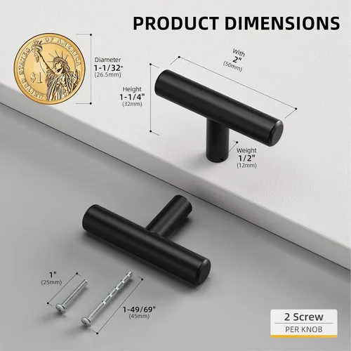 Vista 2 de goldenwarm Paquete de 5 pomos negros para gabinete, pomos de barra en T y tiradores de cajón para herrajes de armario, muebles de dormitorio