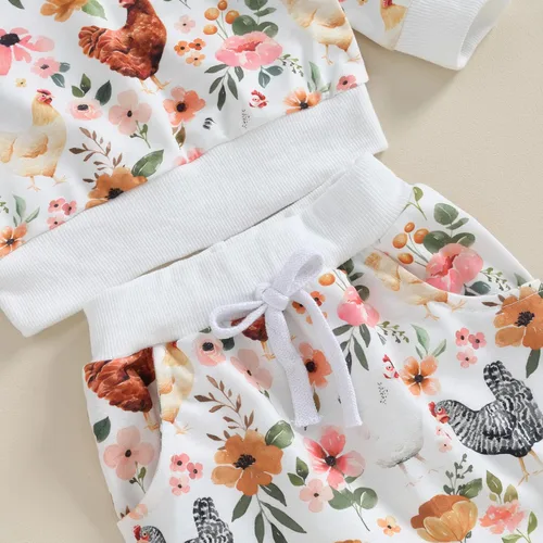 Vista 6 de Ropa de otoño para bebé, niña y niño, sudadera con cuello redondo y estampado de flores, pantalones largos, 2 piezas
