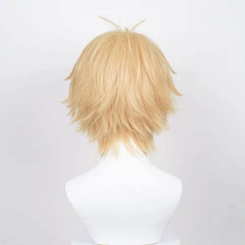 Vista 4 de LABEAUTÉ Peluca corta dorada para niños y hombres, cosplay, unisex, peluca amarilla de anime con flequillo para fiesta de Halloween, peluca de pelo