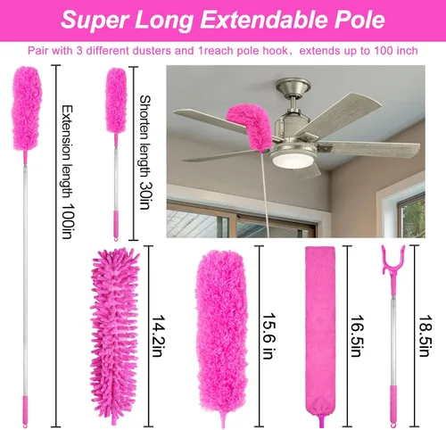 Vista 2 de Plumeros de microfibra para limpieza, plumeros con poste de extensión, plumeros flexibles y lavables para ventiladores de techo alto, persianas