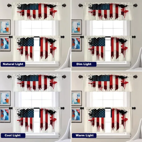 Vista 6 de Batmerry American Flag Ink Dot Blackout Tier Curtains, Red Blue White Stars Abstract Thermal Insulated Half Curtain Rod Pocket Small Valance for