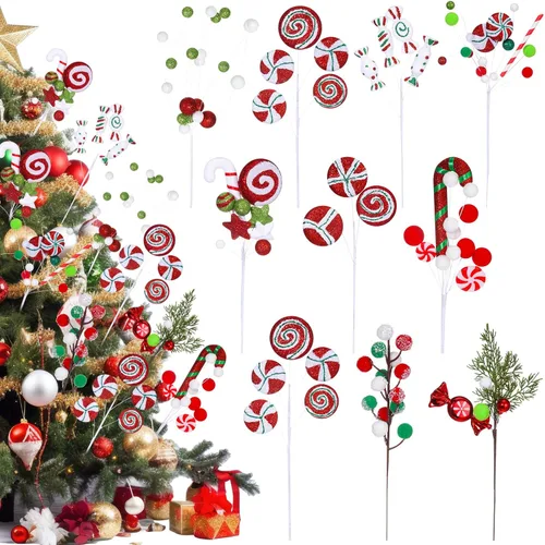 Vista 8 de Lyrow 10 Piezas Púas de Árbol de Dulces de Navidad de 14 pulgadas - Rojo, Verde, Blanco - Estilo Clásico - Navidad, Otoño, Invierno, Todo el Año