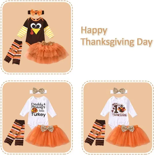 Vista 5 de XIFAMNIY Conjunto de 4 piezas para bebé niña My 1st HalloweenAcción de GraciasNavidad para recién nacido, traje de calabaza con diadema y leggings
