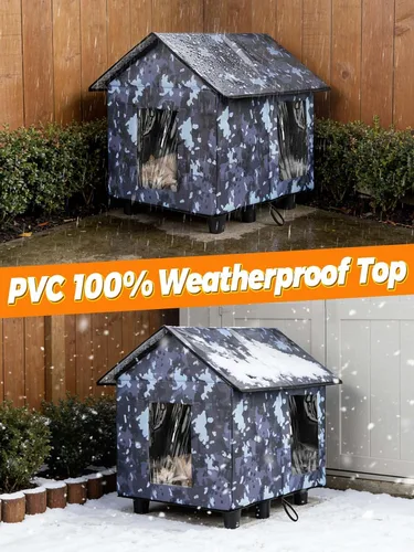 Vista 4 de Casa elevada aislada para gatos al aire libre resistente a la intemperie, 20 x 19 x 17 pulgadas, parte superior de PVC impermeable y forro