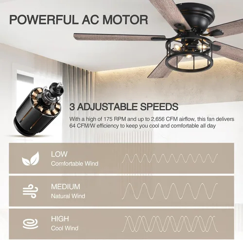Vista 8 de Ventilador de techo rústico de granja de montaje empotrado de 52 pulgadas con luz y control remoto, motor AC reversible, 5 aspas de doble acabado