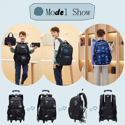 Vista 7 de Mochila con ruedas para niños de primaria con estampado galaxia, mochila con ruedas, 3Pcs-Black-Galaxy., 3Pcs Rolling Backpack Set, Portátil