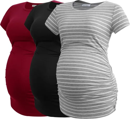 Vista 22 de Smallshow - Camiseta de maternidad para mujer, lados fruncidos, tipo túnica, prendas para el embarazo Verde militar-negro-gris profundo