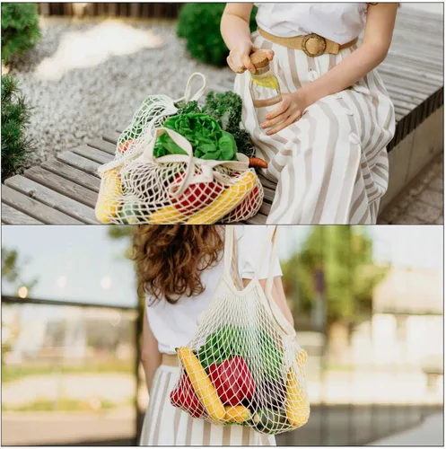 Vista 6 de MECCANIXITY Bolsa de malla de algodón reutilizable lavable malla malla bolsa organizador para frutas y verduras compras