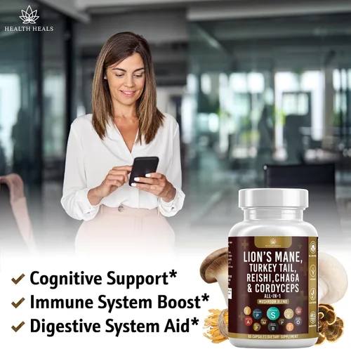 Vista 4 de Suplemento de hongos con cola de pavo de melena de león Reishi Cordyceps Chaga raíz de malvavisco - 120
