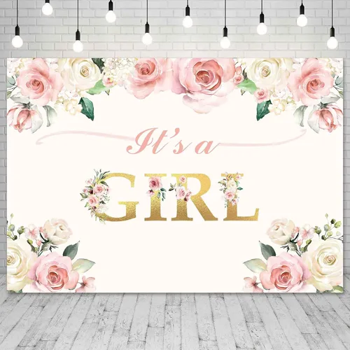 Vista 2 de Fondo de fiesta con texto en inglés "It's a Girl" para baby shower, decoración de fiesta, acuarela, fondo floral rosa, fondo de fotografía, regalos