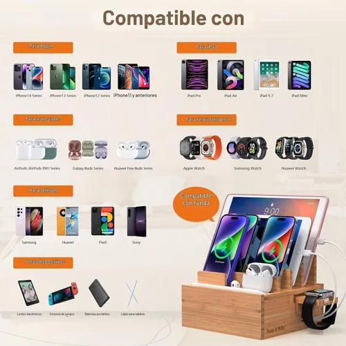 Vista 3 de Estación de carga de bambú Pezin & Hulin para múltiples dispositivos incluye cargador USB de 5 puertos, 5 cables, organizador de escritorio