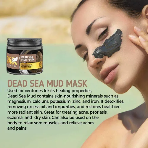 Vista 4 de Máscara orgánica de barro del Mar Muerto 24K para cara, cabello y cuerpo, 100% natural y orgánico, limpiador de piel profunda, aplicador de cepillo