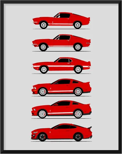 Vista 20 de Custom Car Posters Póster hecho a mano compatible con Shelby Mustang GT500 Generations e impresión de Ford Shelby GT500, azul con rayas blancas