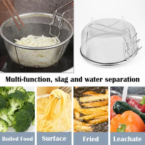Vista 5 de Cesta de drenaje de acero inoxidable, cesta plegable multifuncional para freír – Malla de alambre redonda para freír chips franceses para servir