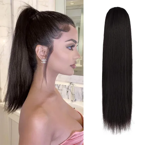 Vista 18 de Barsdar Extensión de cola de caballo marrón oscuro - Extensiones de cola de caballo cortas y rectas de 14 pulgadas con cordón para mujeres