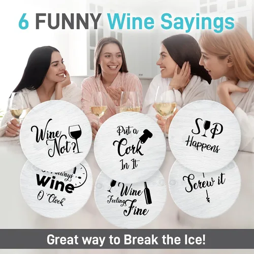 Vista 5 de Posavasos para bebidas absorbentes con soporte, juego de regalo de 6 piezas con 6 frases divertidas para amantes del vino, piedra de cerámica