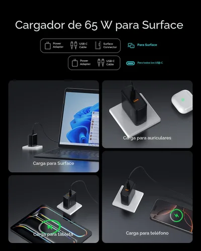 Vista 2 de Cargador Surface Pro de 65 W, cargador Microsoft Windows Surface para Surface Pro 3/4/5/6/7/8/9/10/X/11/12, compatible con Microsoft Surface