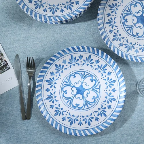 Vista 6 de Juego de platos de melamina Yinshine, juego de platos de cena de 10.75 pulgadas, juego de 6 platos azules con diseño en relieve, irrompibles, uso