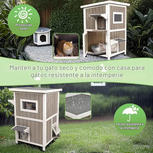 Vista 3 de Casa para Gatos de Exterior Resistente a la Intemperie, Refugio de Casa para Gatos Ferales de Madera de Dos Pisos con 2 Puertas de Escape