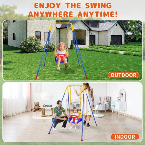 Vista 6 de Juego de columpios 3 en 1 para niños pequeños, juego de columpios para bebés con soporte plegable de metal para jugar al aire libre/interior, diseño