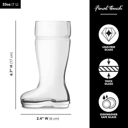 Vista 4 de Final Touch 1 litro de vidrio de cerveza Das Boot (GG5001) Large 33oz (1L) capacity, classic German-style boot shape, machine-blown glass, novelty