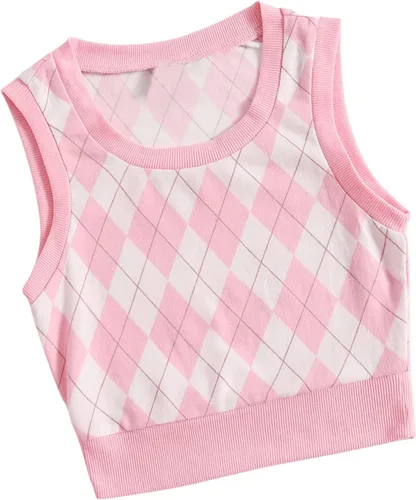 Vista 3 de Verdusa Camiseta sin mangas con cuello en V y estampado de rombos a cuadros para mujer
