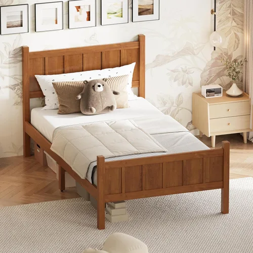 Vista 14 de Bellemave Cama de panel plano de tamaño individual con cabecero y estribo, cama de plataforma minimalista y moderna con acabado de grano de madera