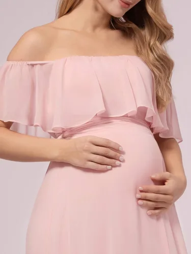 Vista 5 de Ever-Pretty Vestido de fiesta de embarazo con hombros descubiertos y abertura lateral larga de gasa con volantes para mujer, vestidos de fotografía