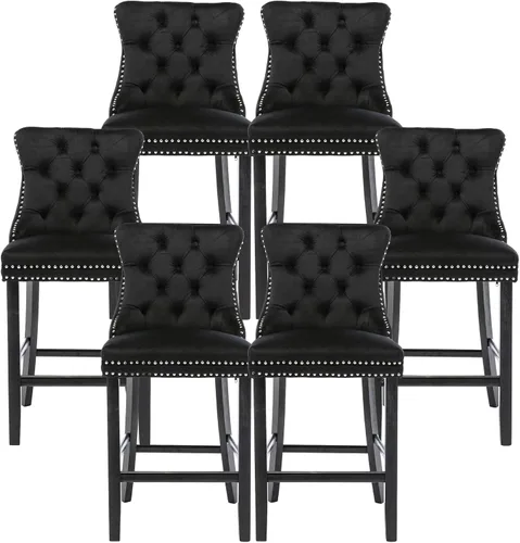 Vista 22 de Taburetes de bar tapizados de terciopelo modernos de 27 pulgadas con patas de madera, botón con cabeza de clavo cromada, taburetes de bar con Beige