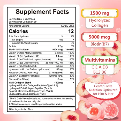 Vista 3 de Gomitas de colágeno marino de 180 unidades para mujeres y hombres, sin azúcar, péptidos de colágeno hidrolizados tipo I, II, III, V, X con 5000 Mcg