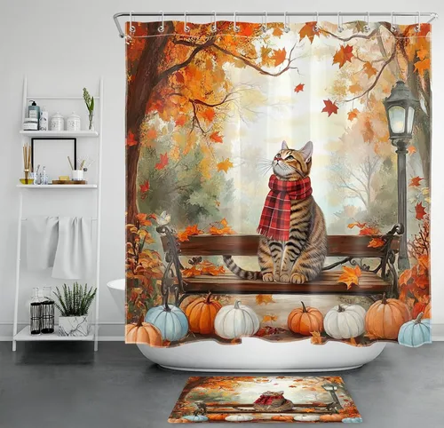Vista 38 de HVEST Cortina de ducha con ganchos, calabaza espeluznante y fantasma con sombrero de bruja negro, juego de cortina de ducha naranja con flores