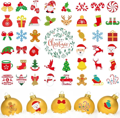 Vista 8 de 45 piezas de calcomanías UV con palabras de Navidad para decoración de bola de Navidad, calcomanías de letras de saludo inspiradas en vacaciones