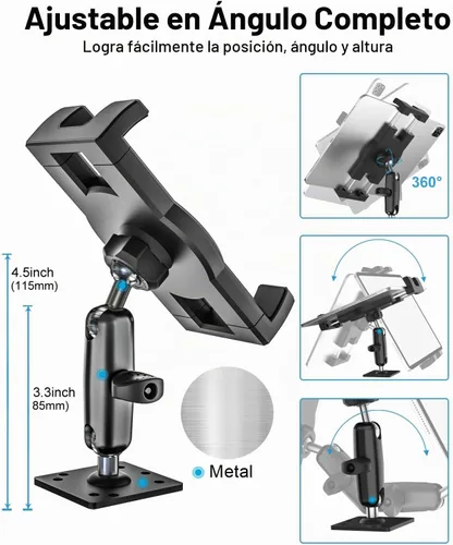 Vista 3 de Soporte para tablet con base de taladro resistente para coche/camión – [brazo ajustable de 360° de metal] Soporte de tablero de instrumentos