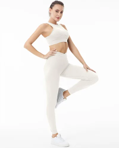 Vista 4 de LEEKEWAY Conjuntos de entrenamiento para mujer, sin costuras, ombligueras, leggings a juego, 2 piezas, trajes de entrenamiento de yoga