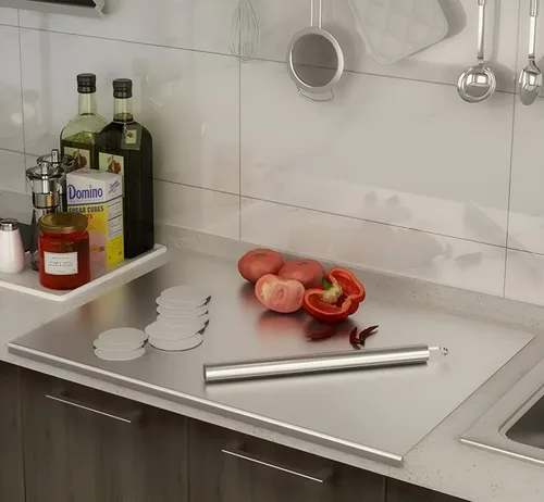 Vista 10 de Tablas de cortar de acero inoxidable para cocina, tabla de cortar de acero inoxidable con borde. Tabla de cortar grande adecuada para carne, frutas