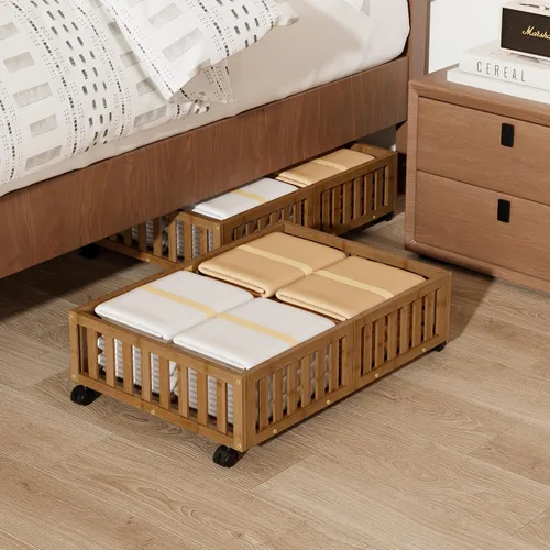 Vista 10 de Almacenamiento de bambú debajo de la cama con ruedas, caja organizadora de zapatos rodante debajo de la cama para zapatos, mantas, juguetes