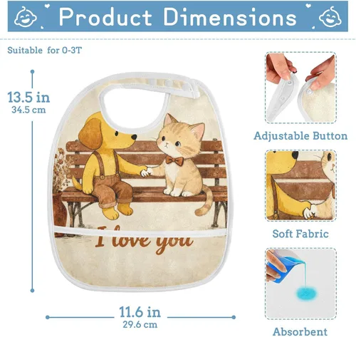 Vista 2 de Adjustable Feeding Bibs with Snap 2 Pack Burping TeethingI Love You Dog Cat Retro Brown baberos para nino paquete