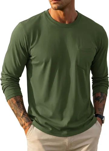 Vista 15 de MAGCOMSEN Camisa de manga larga para hombre con bolsillo, de algodón, cuello redondo, casual, ligera